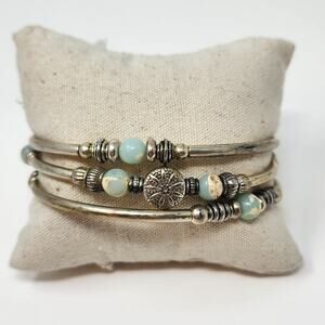 Beaded Wrap Layered Bracelet Silver Tone Tube Metal Beads Blue Glass Boho